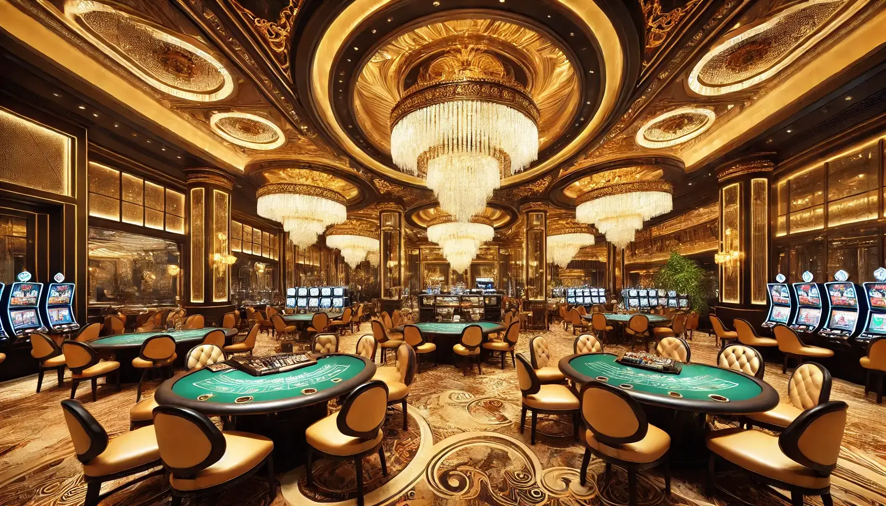 Luxurious casino interior with chandeliers and gaming tables