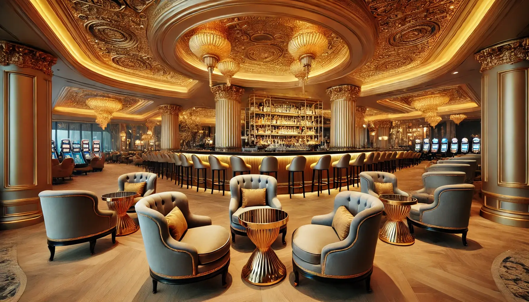 Elegant casino lounge with plush seating and gold accents